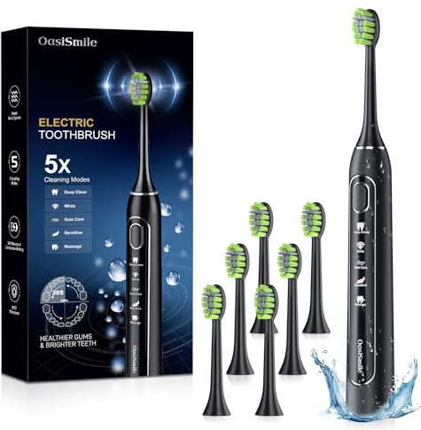 OasiSmile Electric Toothbrush for Adults, 42000 VPM Sonic Toothbrush with 5 Modes for Deep Cleaning, 6 Brush Heads, 100-Day Battery, Rechargeable Toothbrush for Home Travel, 2-Min Timer & Reminder