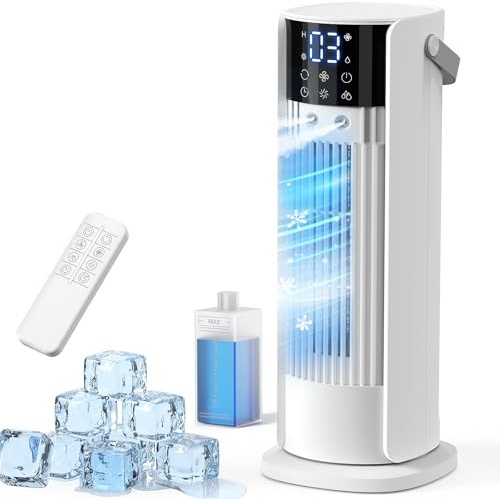 Aire Acondicionado Portátil Silencioso Enfriador de Aire con 4 Velocidades, 2 Modos de Nebulización, Oscilación de 90° y Temporizador para Casa, Cocina, Oficina, Blanco