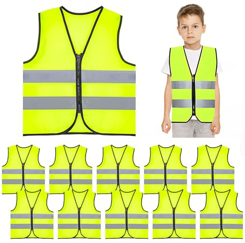 Lot de 10 Gilet Jaune Haute Visibilité pour Enfants avec Fermeture Éclair