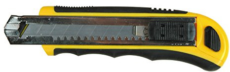 Medid MD908 Cúter amarillo, cutter con hoja de 18mm y recarga automatica de la hoja, guia metálica y estuche bimaterial, incluye 8 hojas de recambio.