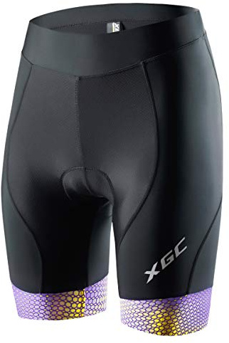 XGC Damen Kurze Radlerhose und Radunterhose Radsportshorts Fahrradhose für Frauen elastische 3D Schwamm Sitzpolster mit Einer hohen Dichte (Purple_Yellow, L)