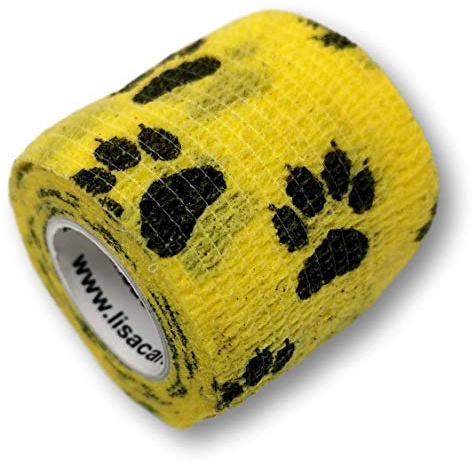 LisaCare Dog First Aid Kit - 12 Rollen 5cm breit - Pfote Gelb | Polsterverband für Haustiere & Pferde - wasserfest, selbsthaftend, elastisch - Riesige Auswahl - Kohäsive Bandage