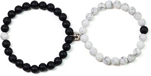 COAI Pulseras Magnéticas para la Pareja Amorosa con Cuentas de Howlita y Ónice Mate con Perla de Plata de Ley