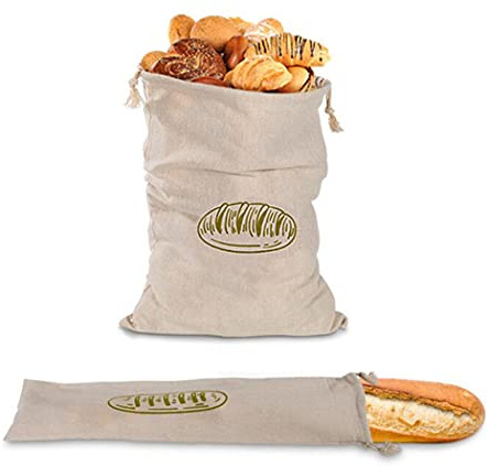 Hoshen 2 PCS Reusable Linen Bread Bag, French Baguette Drawstring Bag, 100% Cotton Bread Bag, Food Storage Linen Bag，Green-Red Style