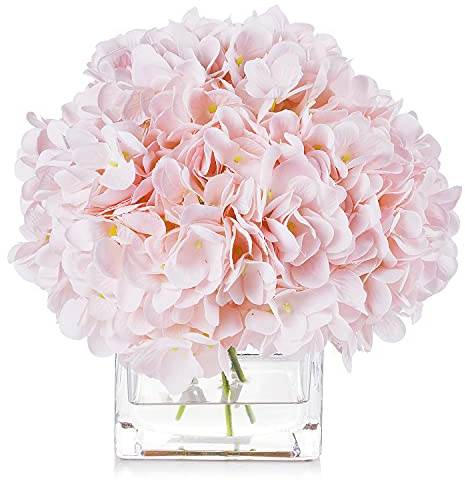 Enova Floral Artificial Flowers Silk Hydrangea Fake Flowers Arrangement in Cube Glass Vase with Faux Water for Home Office Wedding Party Event(Pink)