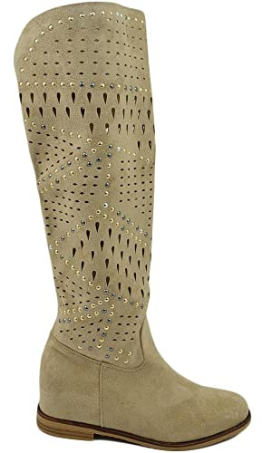 Stivali Donna Estivi Alti Scamosciati forati Beige Morbidi con Zeppa para Interna con Suola Antiscivolo e Borchie Moda (37 EU)