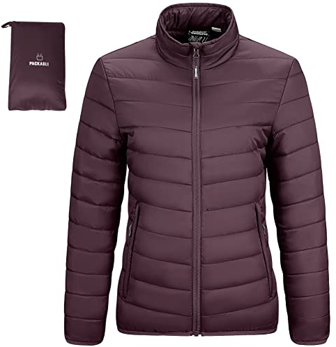 Outdoor Ventures Womens Winter Lightweight Jacket Warm Short Packable Puffer Jacket Transitional Padded Jacket Quilted Jacket for Ladies Lined for Hiking Travel, Eggplant L