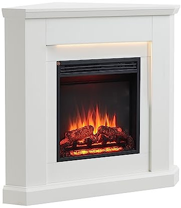 BALDERIA Pegasos Elektrokamin - Elektrischer Eckkamin mit Heizung 1000/2000 W, realistischer 3D-Flammeneffekt, LED-Beleuchtung, Fernbedienung programmierbar, Timer, Thermostat, Weiß