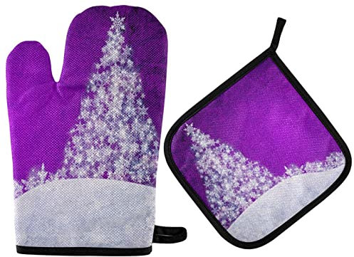QUGRL Ofenhandschuhe und Topflappen, Weihnachten, Schneeflocken, Kiefernbaum, Violett, Küchen-Ofenhandschuhe, heiße Pads, hitzebeständige Handhabung, Kochen, Kochgeschirr, Backgeschirr, BBQ