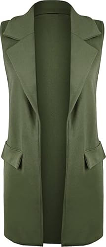 Crazy Fashion Ladies Blazers Sleeveless Crepe Mock Flap pocket waistcoat Duster Business Casual Blazer Jackets For Women Plain Open Cardigan Top UK 8-26