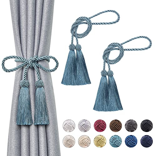 Pretty Jolly 2 Stück doppelte Quaste Vorhang Raffhalter handgemachte Seil Knoten drapieren Raffhalter Krawatte zurück Elegante dekorative Vorhanghalter für Haus & Büro Fenster Draperie (Türkisblau)