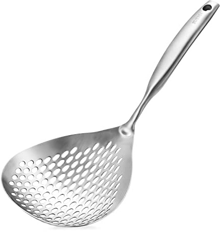 Slotted Spoon, Large Stainless Steel Strainer Large Colander Spoon Skimmer Slotted Spoon with Hanging Holes and Handle Skimmer Strainer for Kitchen Frying and Cooking Draining (Sliver)