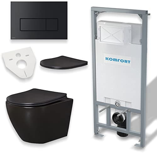 BADLAND WC Set: Vorwandelement C201 + Wand Tiefspül WC Delos Schwarz + Betätigungsplatte Schwarz M578 + Slim WC-Sitz mit Soft-close + Schallschutzmatte