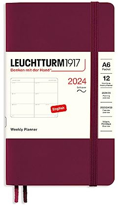 LEUCHTTURM1917 367674 Wochenkalender, Softcover, Pocket (A6) 2024, 12 Monate, Port Red, Englisch