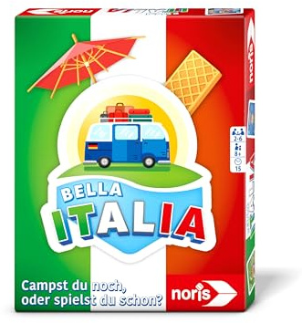 noris 606262070 - Bella Italia (Kartenspiel ab 8 Jahre) - Campst du noch, oder spielst du Schon? - Camping Spiel für Kinder & Erwachsene, 2-6 Spieler