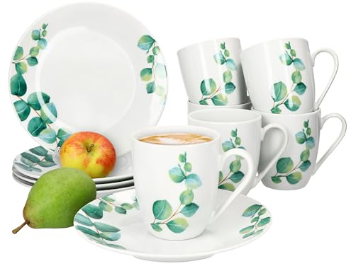 MamboCat Eukalyptus 12tlg Frühstücksset I Je 6x kleine Teller & Kaffeebecher 340ml für 6 Personen grünem Pflanzen-Dekor I Porzellan-Geschirr für Frühstücks- & Kaffeezeit