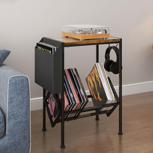 HMAKGG Mobile Giradischi e Porta Vinili, Porta Vinili da Mobile, Supporto per Giradischi con Ruote, Fino a 100 Album, 2 Livelli Portavinili Legno e Metallo per Archiviazione Record, Max 80 kg