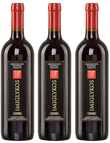 Imiglykos rot Cavino 3x 0,75l Flasche | Lieblicher Rotwein aus Griechenland | 11% Vol. | + 20ml Jassas Olivenöl