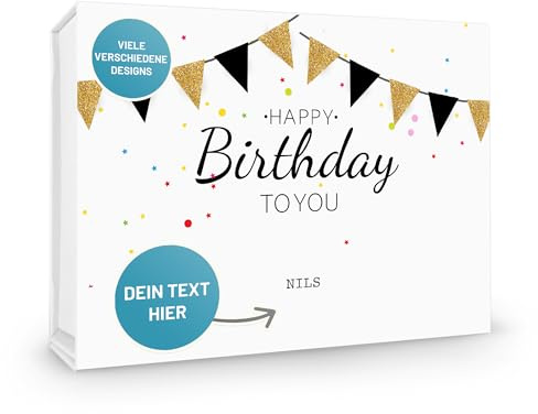 VerpackungsWelt Personalisierte Geschenk-Box Geburtstag | 31x22x10 cm | Geschenk-Karton mit Deckel & Magnet-Verschluss | 'Happy Birthday'-Motiv Nr. 4 | Geschenk-Verpackung personalisiert in Weiß