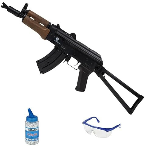Fucile Kalashnikov AKS-74U Molla (6 mm) | Pistola ad aria compressa per softair (pallini in PVC) Calibro 6 mm + bottiglia da 0,20 + occhiali protettivi (potenza: 0,65 joule)