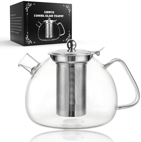 LIBWYS Teapot - 1500 ml with Removable Strainer, Heat-Resistant Borosilicate Glass, Brews Tea, Flower, Herbal and Tea Bags, Easy to Clean