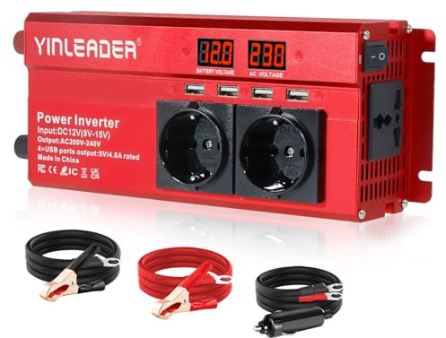 Spannungswandler 12V 230V 1000W/2000W Wechselrichter mit 2 Steckdose und 4 USB LED Spannungsanzeige