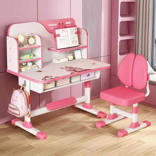 UDIYO Kinderschreibtisch Set mit Bücherständer, Höhenverstellbarer Schreibtisch mit Schubladen, Goldenes Distanzdesign Schreibtisch Kinder für Jungs & Mädchen (Rosa D)
