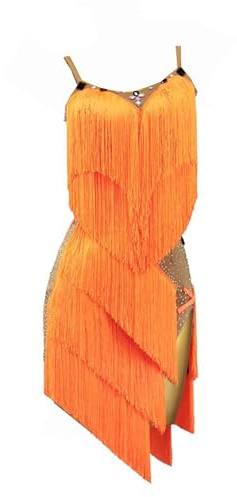 LIUHUO Vestito da ballo latino da donna - Pompon - Competizione Performance - Elegante e Dinamico, arancione, M