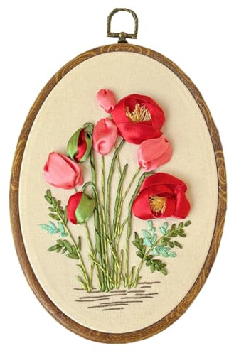 Glorlliant Band-Stickset, Seidenband-Sticksets für Anfänger, Stickerei-Starter-Kits, Kreuzstich-Set, Blumen-Stickset, Nadelspitzen-Set enthält Reifen, Stoffe mit Mustern, Faden