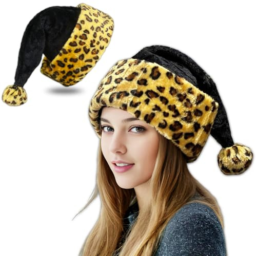 JBRQUEY Leoparden-Weihnachtsmütze für Damen oder Herren, schwarze Weihnachtsmütze für Erwachsene, Weihnachtsmannmützen für Neujahr, Weihnachts-Party-Dekorationen