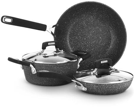 KASANOVA Batteria pentole 5 pezzi New Petra Dark, Set pentole e padelle induzione e forno fino a 180°C, Set pentole antiaderente con padella, casseruola, wok e coperchi