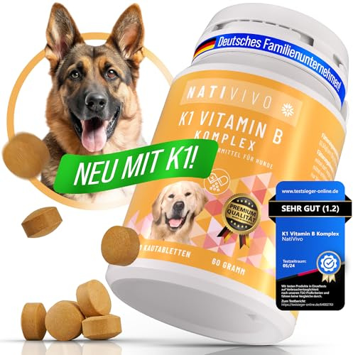 NATIVIVO K1 Vitamin B Komplex Hund -Für große Hunde>15kg -Made in Germany | Für große Hunde ab 15 kg - Nicht teilbare Tabletten - Vitamin B1, B2, B3, B5, B6 & B12 - Mit Vitamin K1 - 120 Tabletten