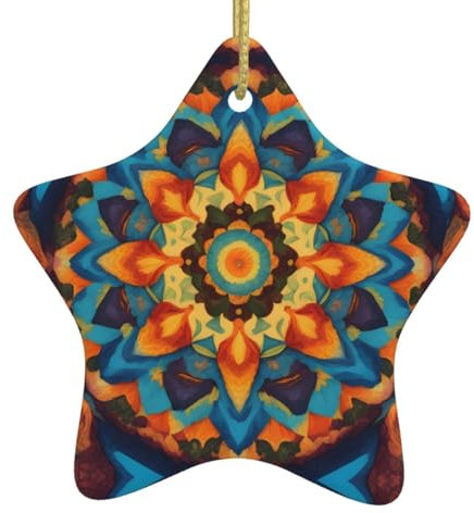 WHJYYXDE Weihnachtlicher Keramik-Stern-Anhänger – festliches Hängeornament für Einkaufszentrum, Häuser, 7,9 x 7,9 cm, Kaleidoskop-Mandala-Druck
