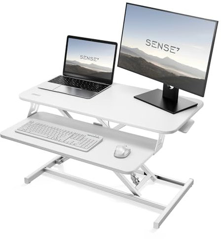 SENSE7 Escritorio Plegable Desk Converter, Escritorio Ajustable en Altura, Soporte para portátil, Capacidad de Carga 13kg, estación de Trabajo de pie, 81x40cm, Mesa con Bandeja para Teclado, White