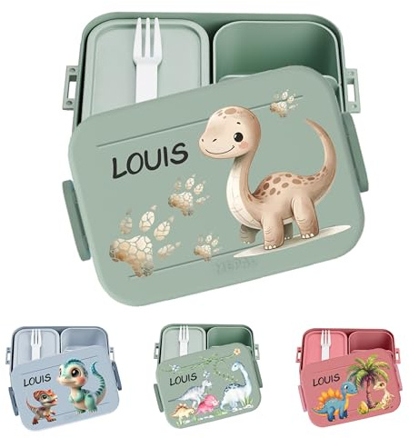wolga-kreativ personalisierte Mepal Brotdose mit Dino Dinosaurier Motiven - Lunchbox Kinder, Jausenbox Kindergarten, Vesperdose Schule mit Fächern, Brotbüchse Geschenk Einschulung