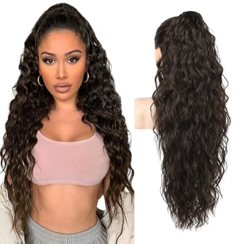 Ponytail Extension, ManeMarvel Clip in Ponytail Hair Extension 30 Inch Black Hair Curly Wavy Fluffy Clip on Synthetic Fiber Pieces for Women - Black Brown