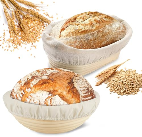 Gärkörbchen für Brot, 2 Stück Gärkorb Zum Brotbacken Set, Brotkörbchen aus Natürlichem Rattan, für Professionelle und Häusliche Bäcker, Kunsthandwerk Brotbacken (1 Rund 25*8 cm+1 Oval 25*15*8 cm)