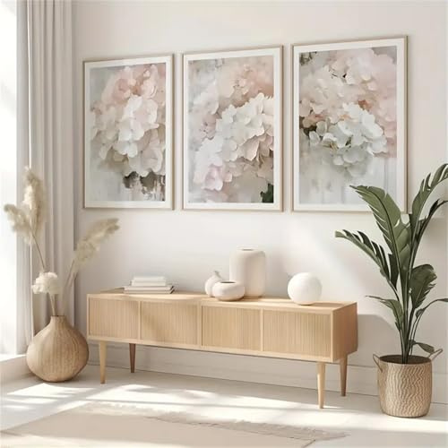 Uixxducc 3er Premium Abstrakt Blumenkunst Poster Set Weiße Hortensien Florales Triptychon WandBilder Leinwandbilder, Modern Bilder Set Kunstdrucke Wandposter, Ohne Rahmen (50x70cm)