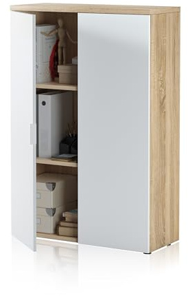 duehome | Mueble Auxiliar Despacho, Armario Estudio, Modelo Work, Acabado en Blanco Artik y Roble Canadian, Medidas: 119 cm (Alto) x 80 cm (Ancho) x 32,5 cm (Fondo)