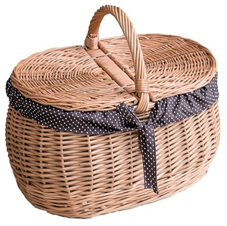 Wiklinowy Świat - Einkaufskorb mit Deckel geflochten Picknickkorb 2 Personen leer Henkelkorb - Obstkorb, Gartenkorb, Weidengeflecht für Einkauf, in Naturfarbe, braune gepunktete Einlage