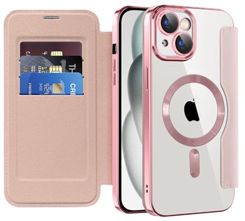 IMEIKONST Cover Magnetica per iPhone 15 Plus con Slot per Carte, [Compatibile con MagSafe] [Blocco RFID] Custodia Portafoglio Flip Antiurto Trasparente Case per iPhone 15 Plus. Rosa JDCX