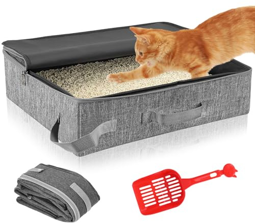 OUZHOU Arenero portátil para gatos plegable con tapa, caja de arena para gatos de viaje con colador, tela Oxford, resistente al agua y a prueba de fugas, caja de Litter para gatos fácil de limpiar