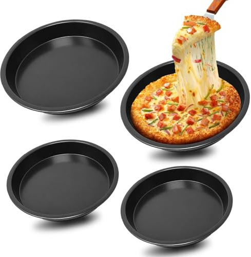 4 Stück Pizzablech, ø 16/18 cm Rund Carbonstahl Pizzapfanne Antihaftbeschichtet Pizzas Backblech Pizza Zubehör für Backen Pie Pizza Flammkuchen Käsekuchen (Schwarz)