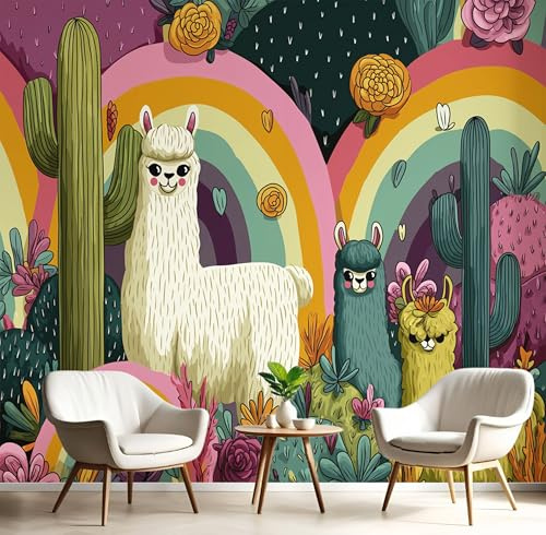 GSAEIMCT 3D Mural Wallpaper Rainbow Colors Cactus Alpaca Silk Cloth Photo Wall Art Cartoon Animals for Corridor Nursery Bedroom and Living Children's Room Wall Decoration Poster,150X105Cm