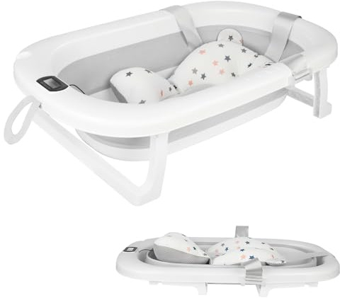 Belfoyer Baby Badewanne Faltbar mit Thermometer & Rutschfestem Badekissen – Tragbare Babybadewanne Ergonomisch, Platzsparend & Sicher – Für Neugeborene bis 3 Jahre, Baby Bathtub Grau