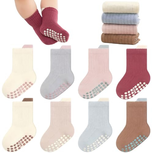 Delgent Calcetines antideslizantes 8 pares Bebés Calcetines de algodón para Niños Niñas(S:0-24 meses,Rosa)