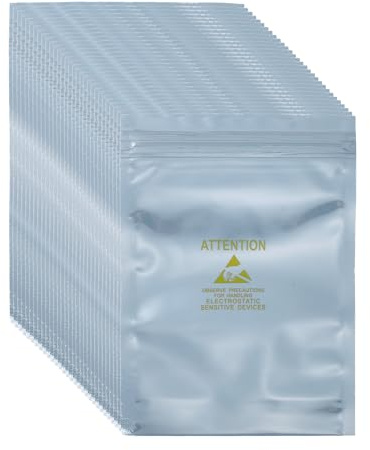 QUARKZMAN 100 Pcs Bolsas Antiestáticas 3.9 x 5.9 Bolsa De Blindaje ESD Reutilizable con Etiquetas para Discos Duros HDD SSD Dispositivos Electrónicos Placas Madre, Color Gris Plateado