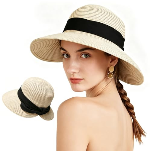 AYPOW Sonnenhut Damen UV-Schutz Sommer Strohhut mit Breite Krempe Faltbar, UPF50 Sommerhut Strandhut Leichter Atmungsaktiver Bucket Hat Fischerhut für Strand Urlaub Reise