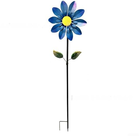 Girandola a vento in ferro da giardino per decorazione, rotante in metallo, con fiori, per esterni, cortile, terrazza, resistente alle intemperie, crisantemi, design minimalista, giallo, blu, 114 x