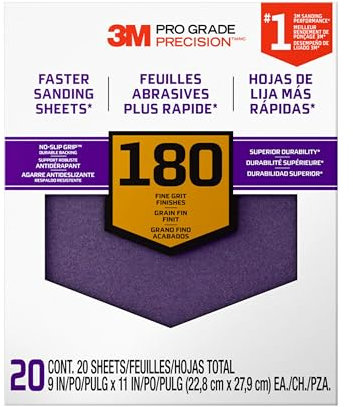 3M Pro Grade Sandpaper, 180 Grit, 9 x 11 Sheets – 20-Pack for Fine Finishing on Wood, Metal, and Paint Surfaces
